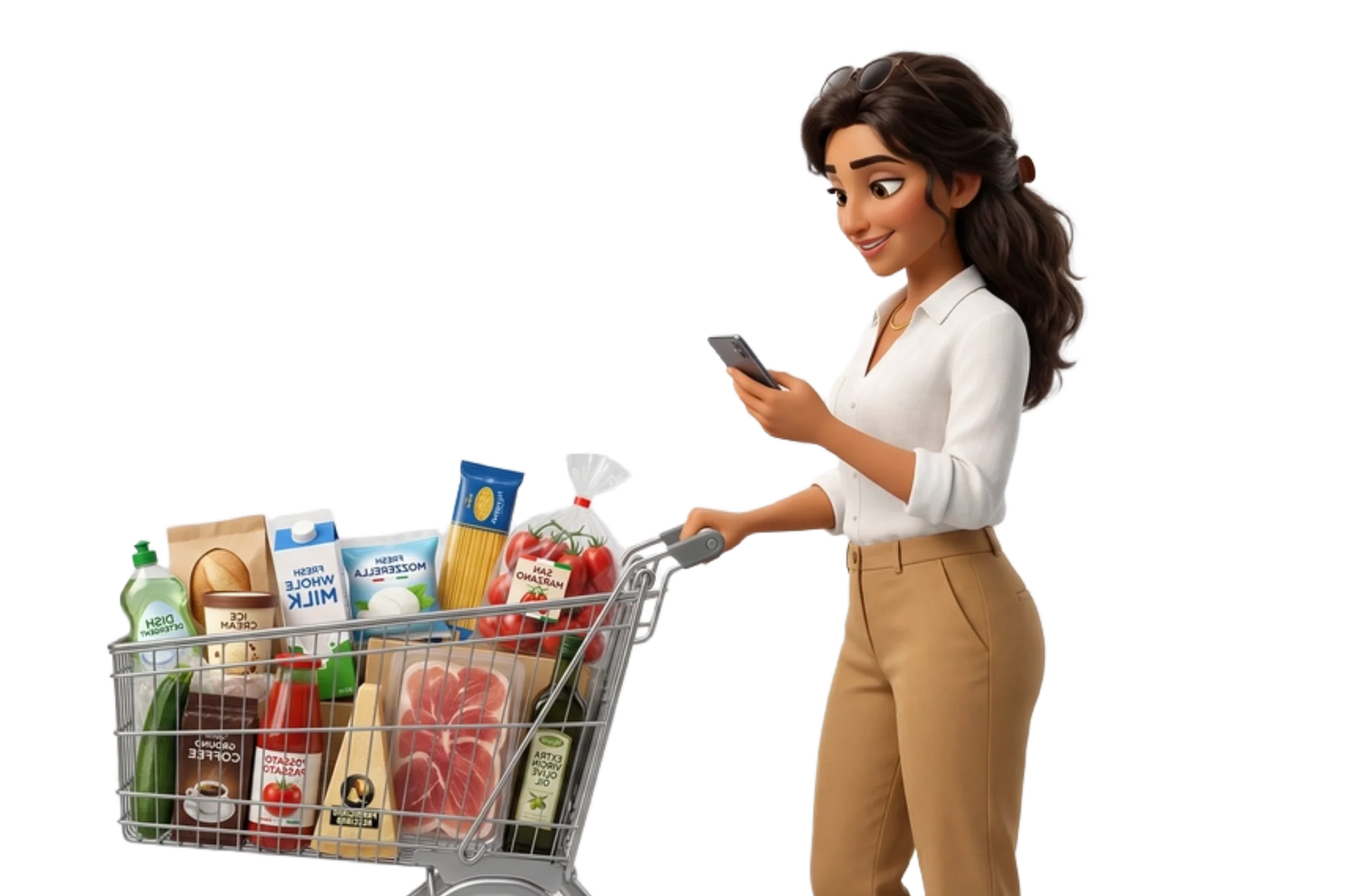 Donna che usa l'app SpesaZen al supermercato con il suo carrello